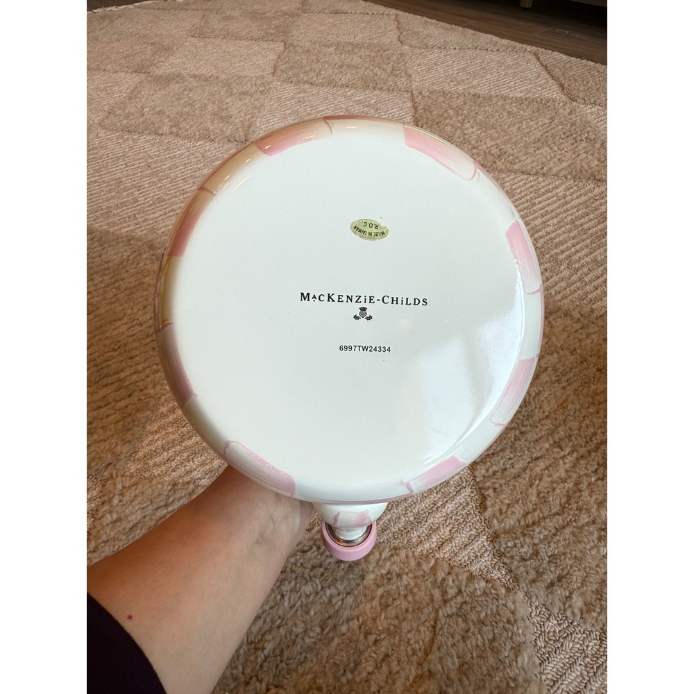Mackenzie Childs Rosy Check Enamel Tea Kettle Pink White 2 Quart Whistling New - Picture 3 of 3